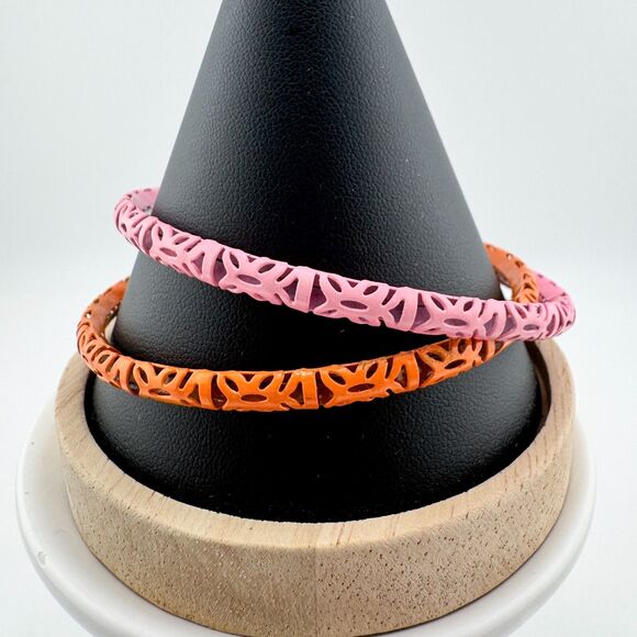 Vintage Orange Pink Enamel (2) Bangle Bracelets Cut-Out Design Retro Stackable - Picture 5 of 8